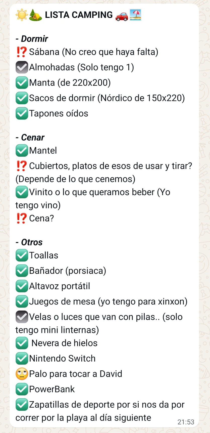 Lista de la camper
